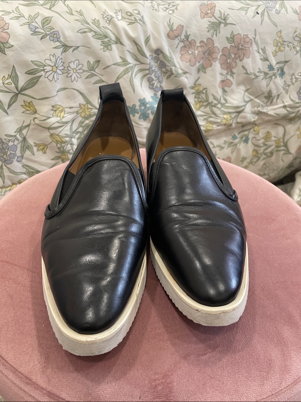 Everlane Black Leather Slip-On Loafers with Cream Platform Sole